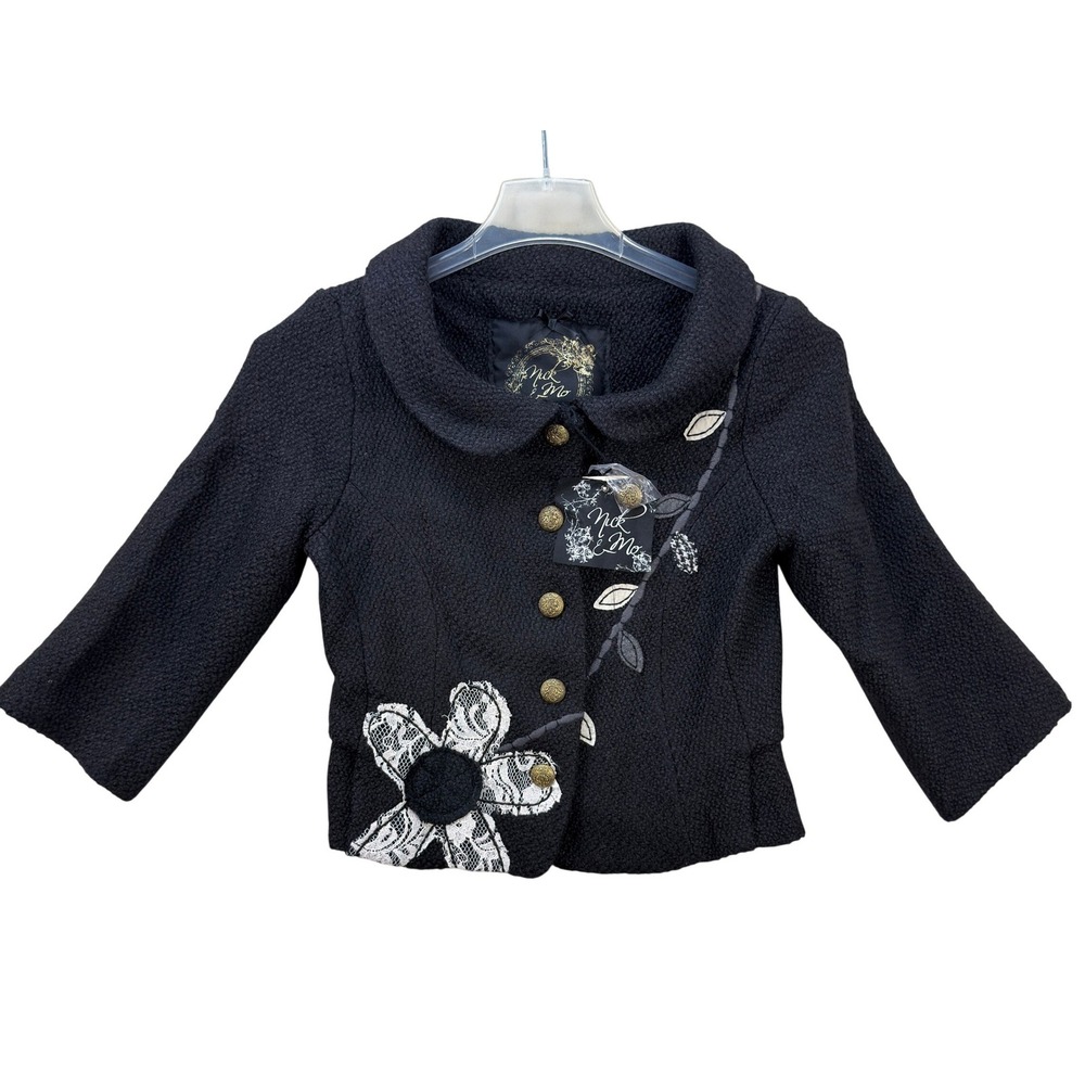 Nick & Mo Womens Jacket M Black Floral Lace Wool Blend Whimsigoth Shabby-Chic
